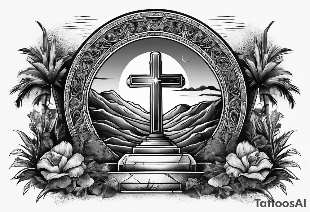Tomb with cross and sun in the background tattoo idea