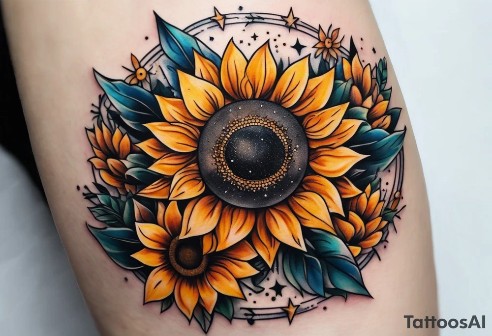 elegant small tattoo for hand with sunflower surrounded by circle of little stars and arrow tattoo idea