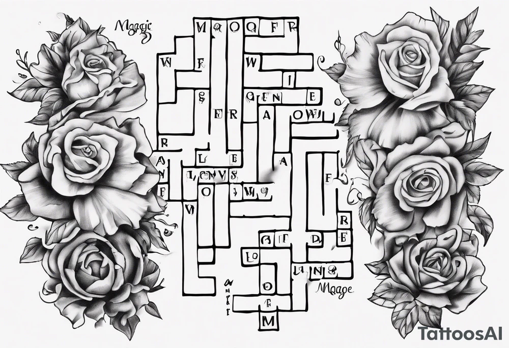 The words Maggie and Lucas and Love and Forever in a crossword puzzle tattoo idea