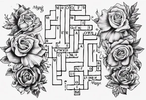 The words Maggie and Lucas and Love and Forever in a crossword puzzle tattoo idea