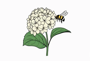 One Hydrangea flower with stem and a small bee. Small for forearm placement tattoo idea