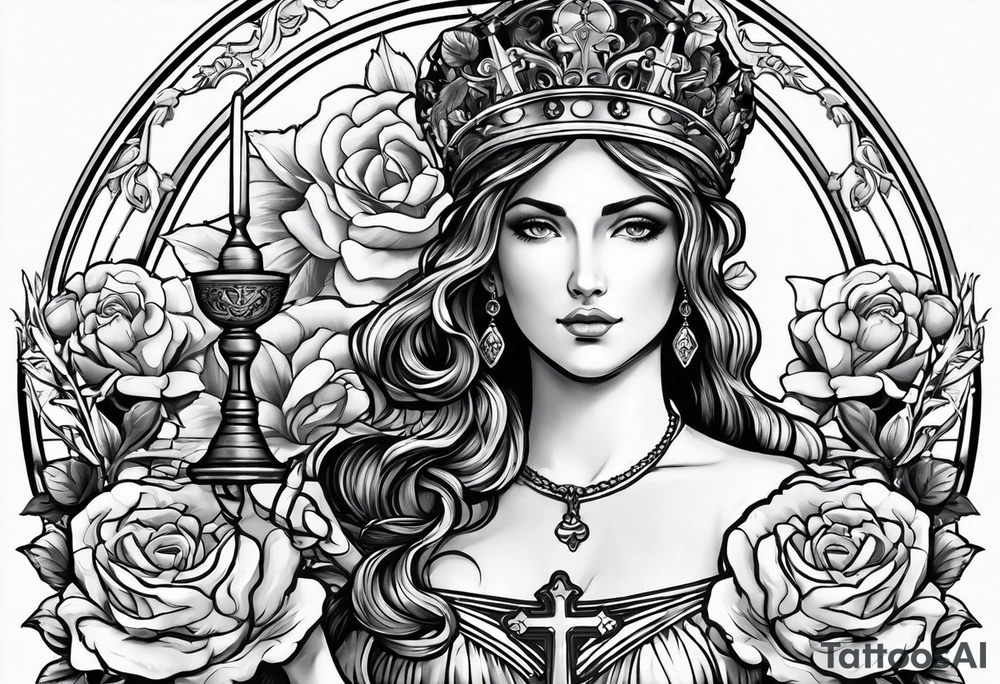 Saint Barbara holding a chalice with cannons behind her surrounded by roses tattoo idea