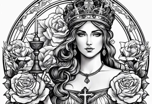 Saint Barbara holding a chalice with cannons behind her surrounded by roses tattoo idea