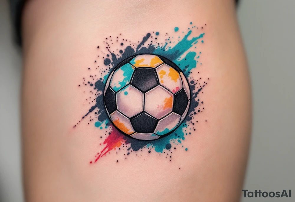 A small behind-the-ear soccer ball tattoo in black with a splash of teal paint. tattoo idea