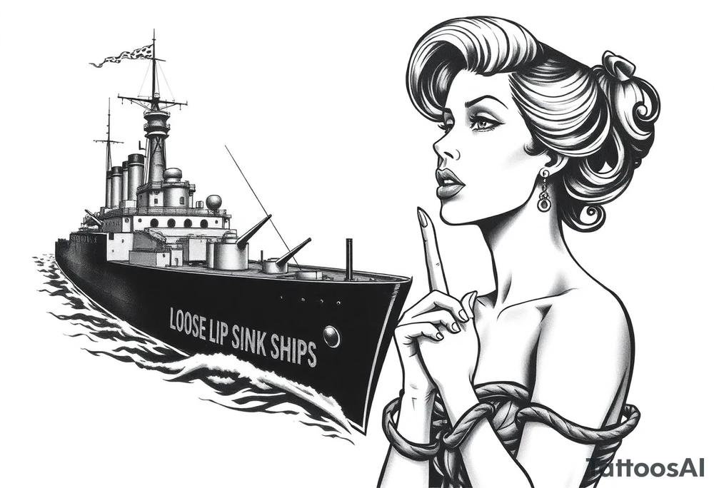 representation of war propaganda: Loose lips sink ships. Must include ship and a sexualised woman with her finger to her lips tattoo idea