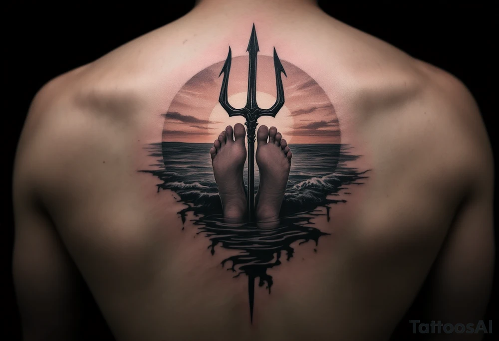 barefeet behind trident with water and sunset tattoo idea