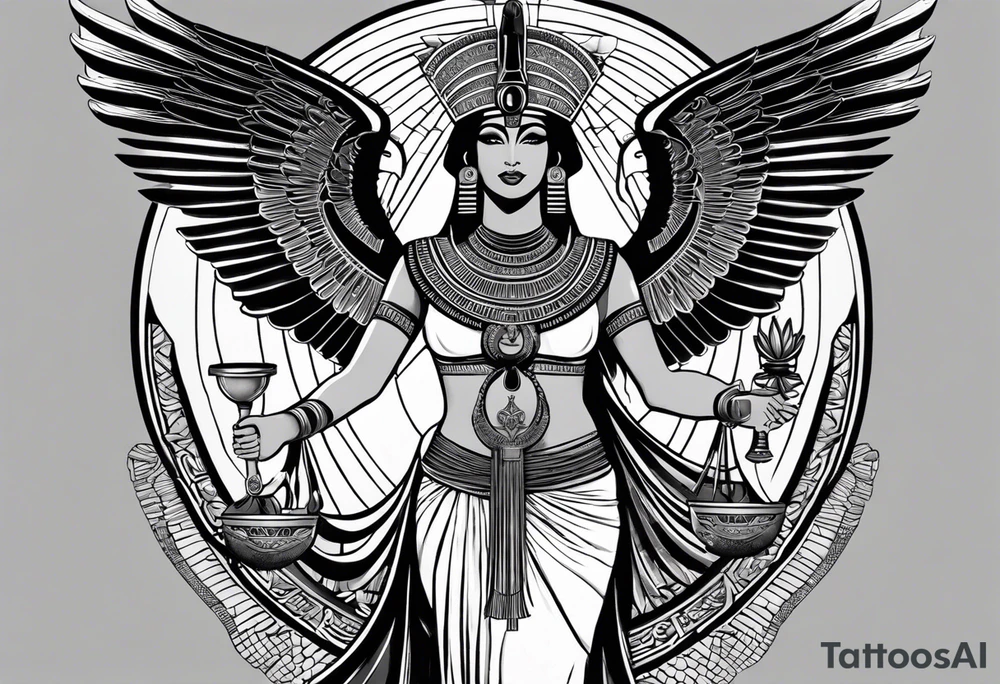 blank and white Egyptian goddess Isis, who is often depicted as a woman with outstretched wings, holding an ankh (a symbol of life) in one hand and a lotus flower in the other. Her headdress often includes a throne or a solar disk. The tattoo design can vary in style and size, but it typically aims to capture the essence of this revered Egyptian deity, emphasizing her beauty, power, and maternal qualities. The choice of colors and additional elements can also be customized to create a unique and visually striking representation of the goddess Isis tattoo idea
