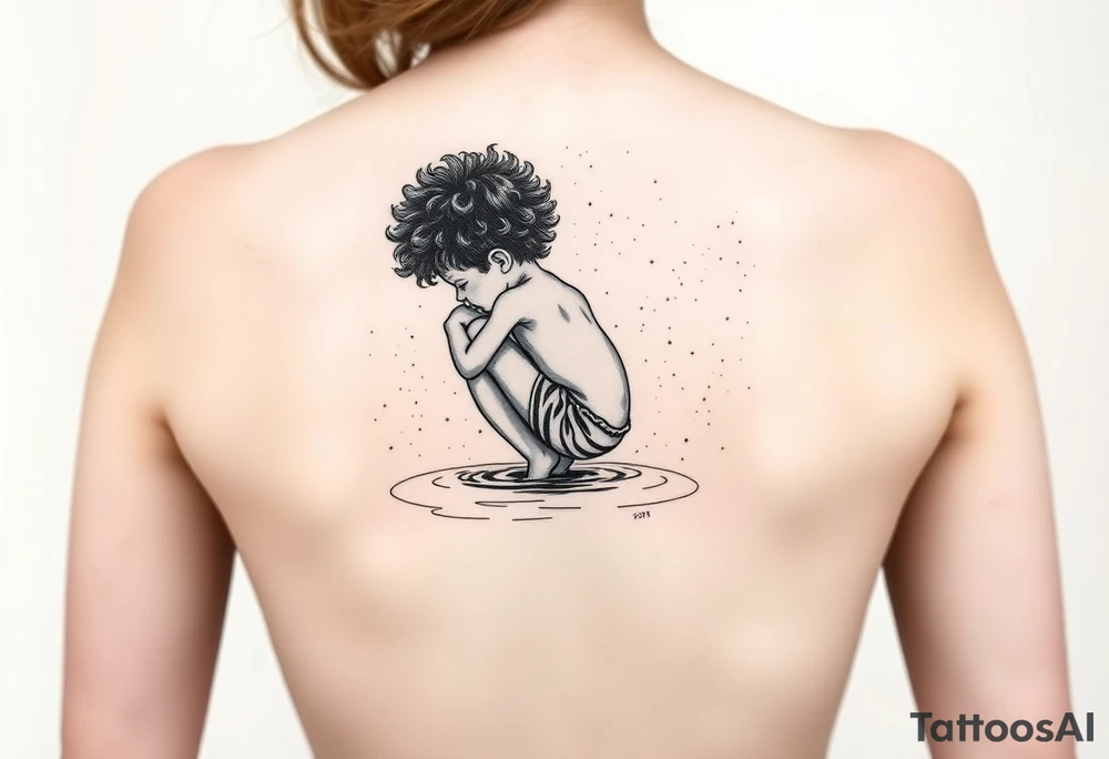 minimalist back view of curly headed son squatted down putting his fingers in the water/pond tattoo idea