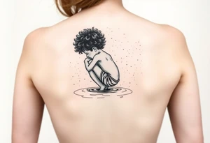 minimalist back view of curly headed son squatted down putting his fingers in the water/pond tattoo idea