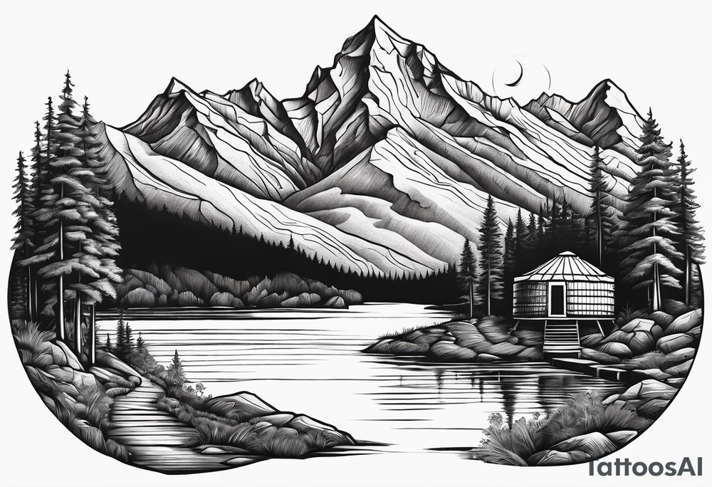 mountains, lake, yurt, sun, road tattoo idea