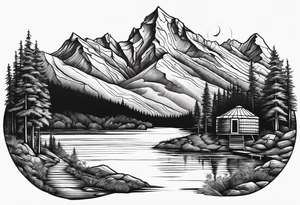 mountains, lake, yurt, sun, road tattoo idea