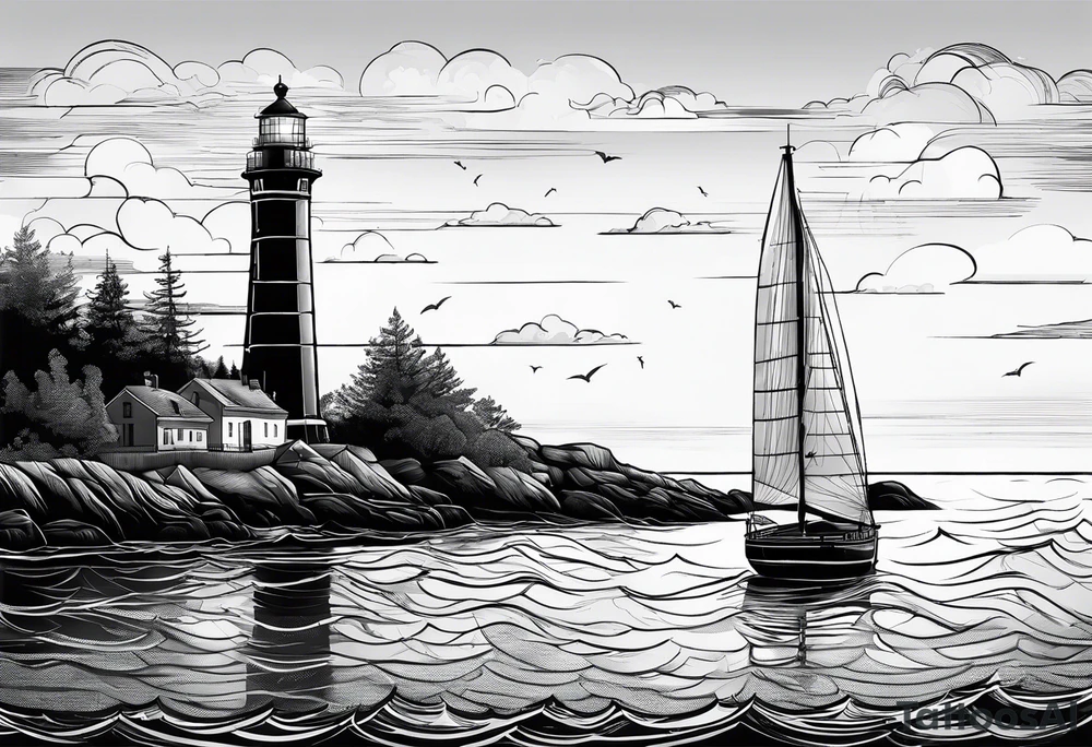 maritime lighthouse partially hidden by its large fixed sail. calm sea reflection. tattoo idea