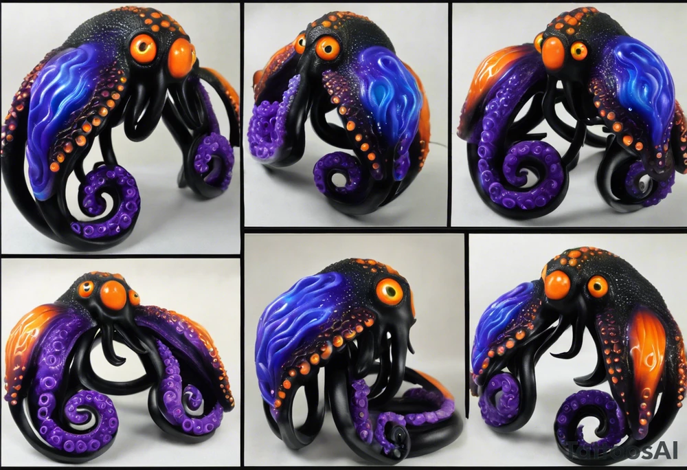 Cthulu

Black, blue and Violet/Purple + Orange eyes
Head to be on right pec
9 Tentacles
Have 3 tentacles in a spiral for each right shoulder head
Have 1 tentacle on in a spiral for right bicep
Have 3 tentacles contouring the tricep, twirling down and around my right forearm
Have 2 tentacles wrapped around under my collar and double helix down my spinal column tattoo idea
