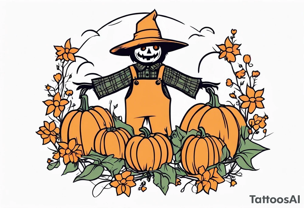 friendly scarecrow with pumpkins and flowers tattoo idea