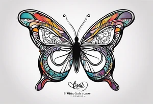 butterfly with one wing black scribbles, the other wing beautiful and colorful, the body has the date 1.9.2023 and the words written "I chose to live." tattoo idea