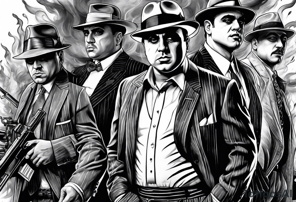 group of gangsters including Al Capone with machine guns surrounded by smoke and fire tattoo idea