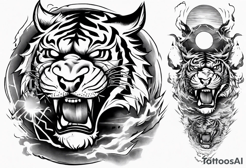 tiger warrior with lightning and the sun for a forearm sleeve tattoo idea
