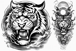 tiger warrior with lightning and the sun for a forearm sleeve tattoo idea