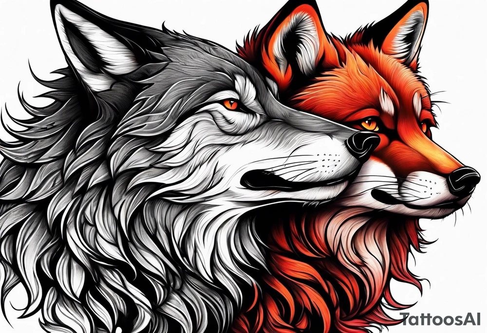 Black wolf and red fox nuzzling tattoo idea
