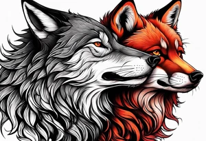 Black wolf and red fox nuzzling tattoo idea