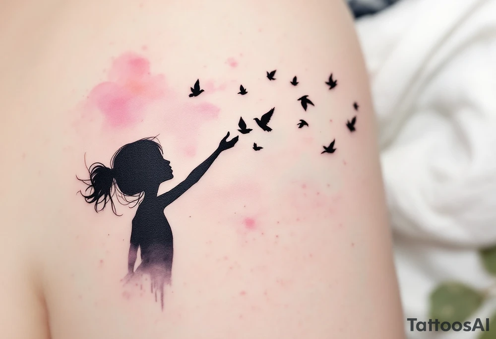 A black silhouette of a girl releasing birds into a watercolor sky represents emotional release. tattoo idea