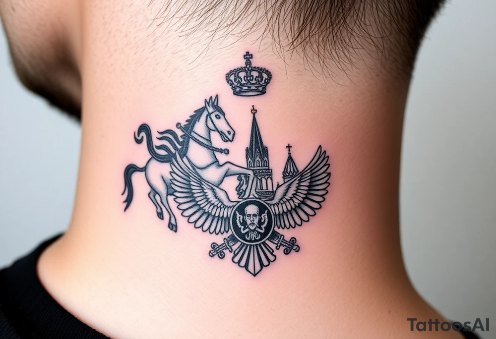 St. George slaying the dragon (hugely common in Russian Orthodox art)
Russian imperial crown above the eagle
Crossed swords or a Russian sabre
The Kremlin or St. Basil's Cathedral scene tattoo idea