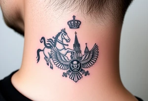 St. George slaying the dragon (hugely common in Russian Orthodox art)
Russian imperial crown above the eagle
Crossed swords or a Russian sabre
The Kremlin or St. Basil's Cathedral scene tattoo idea