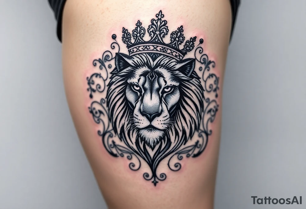 majestic lion wearing ornate crown, surrounded by baroque flourishes tattoo idea