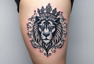 majestic lion wearing ornate crown, surrounded by baroque flourishes tattoo idea