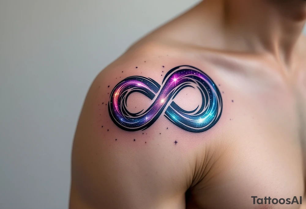 A cosmic infinity symbol with swirling galaxies inside, glowing in deep purple, blue, and silver stardust. tattoo idea