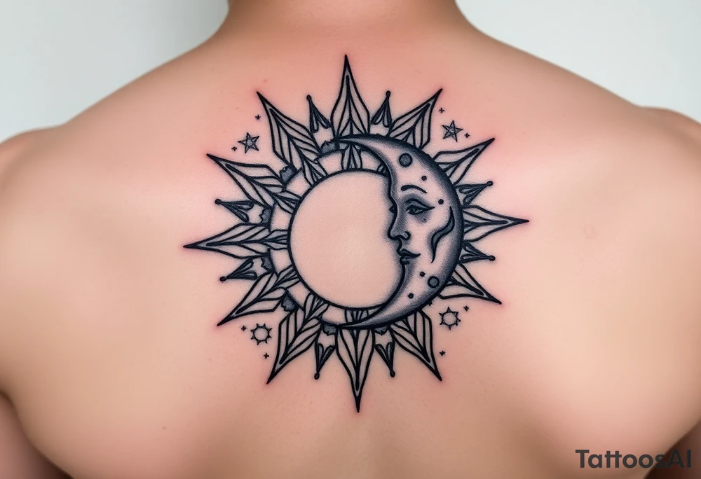 celestial sun and moon embrace with constellation patterns tattoo idea