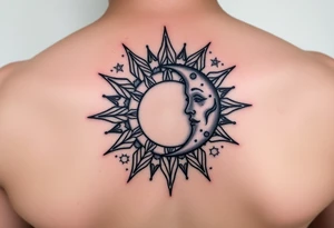 celestial sun and moon embrace with constellation patterns tattoo idea