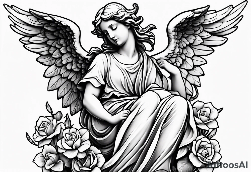 Simple Angel statue stood on a rock with daffodils and roses wrapped around its legs tattoo idea