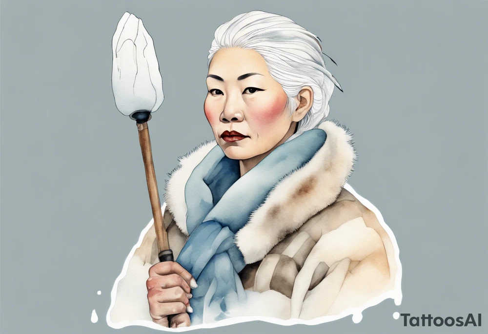 a middle aged Inuit woman with white hair, wearing mittens, holding a white staff, wearing mukluks, standing on an iceberg tattoo idea