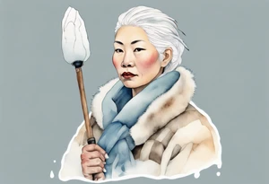 a middle aged Inuit woman with white hair, wearing mittens, holding a white staff, wearing mukluks, standing on an iceberg tattoo idea