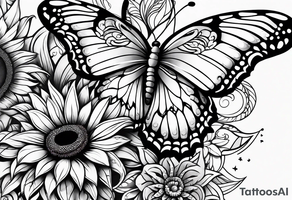 arm sleeve with winged cross, rainbow sunflowers and butterflies tattoo idea