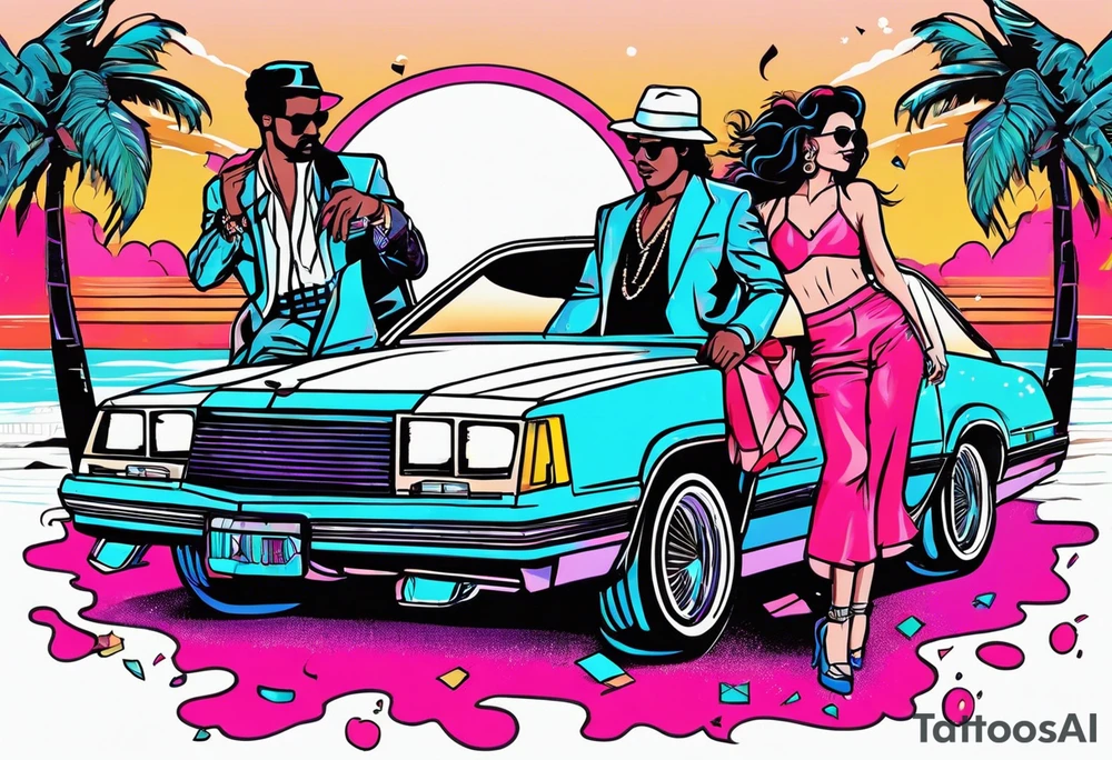 1980's miami vice style dance party with boom box, confetti, music notes in a retro eighties beach theme, no cars tattoo idea
