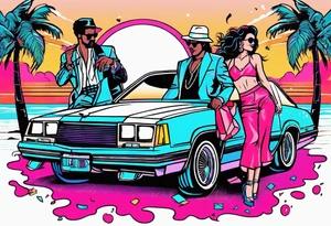 1980's miami vice style dance party with boom box, confetti, music notes in a retro eighties beach theme, no cars tattoo idea