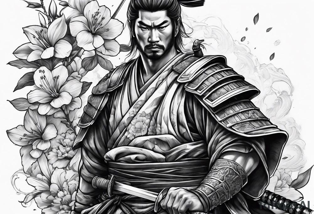 Samurai holding a sword along with flowers within a roman theme tattoo idea