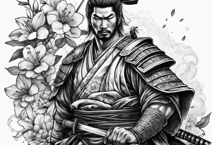 Samurai holding a sword along with flowers within a roman theme tattoo idea