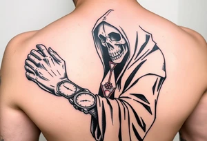 Simple grim reaper looking at a watch on his wrist with a hourglass with red sand and diamond geometric shapes tattoo idea