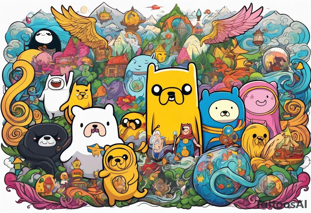 Full sleeve with adventure Time Characters tattoo idea