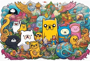 Full sleeve with adventure Time Characters tattoo idea