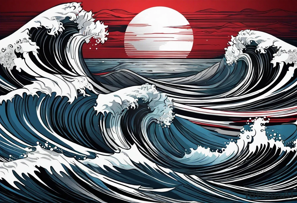 dark ocean waves background with linear red, white and black and gray including muted blues tattoo idea