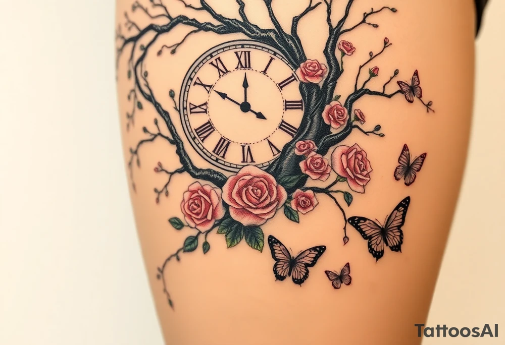 a big clock behind the big poisoned tree, big and small roses, big and small butterflies tattoo idea