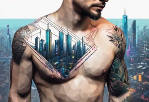 cyberpunk 2077, chest tattoo, geometric, subtle, men, city skyline, 4k tattoo idea