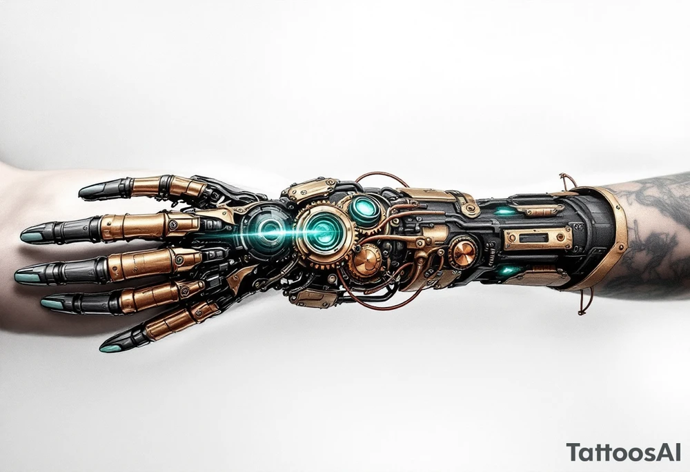 A steampunk-inspired robotic hand tattoo featuring brass tones, copper wiring, and emerald green glow at the joints. tattoo idea