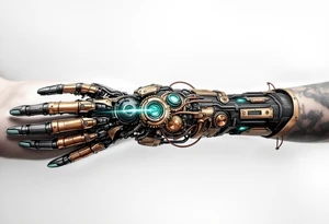 A steampunk-inspired robotic hand tattoo featuring brass tones, copper wiring, and emerald green glow at the joints. tattoo idea