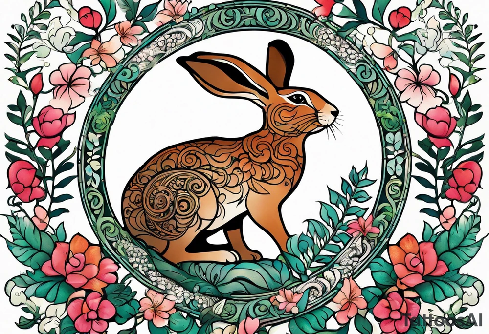 Base Design: upper armband

Include:
LOVE
fern spirals
boxing hare

use only UK flora and fauna tattoo idea