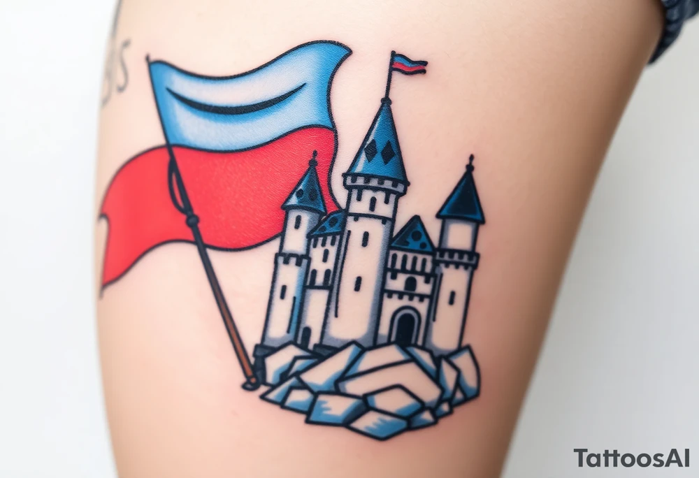 A Czech flag waving behind a medieval castle tattoo idea